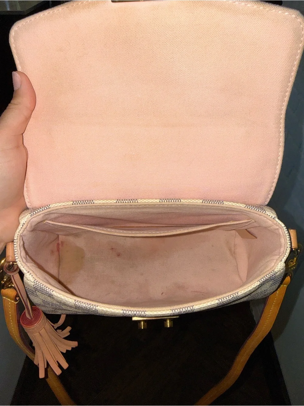 Authentic Louis Vuitton Cream Checkered Shoulder Bag with Brown Trim